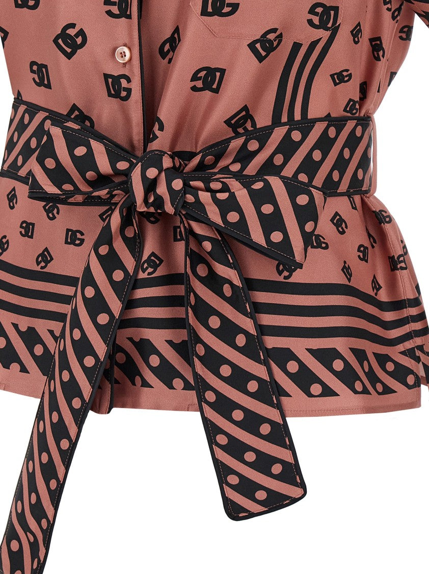 Dolce & Gabbana All-Over Dg Logo Jacquard Silk Shirt With Contrast Piping