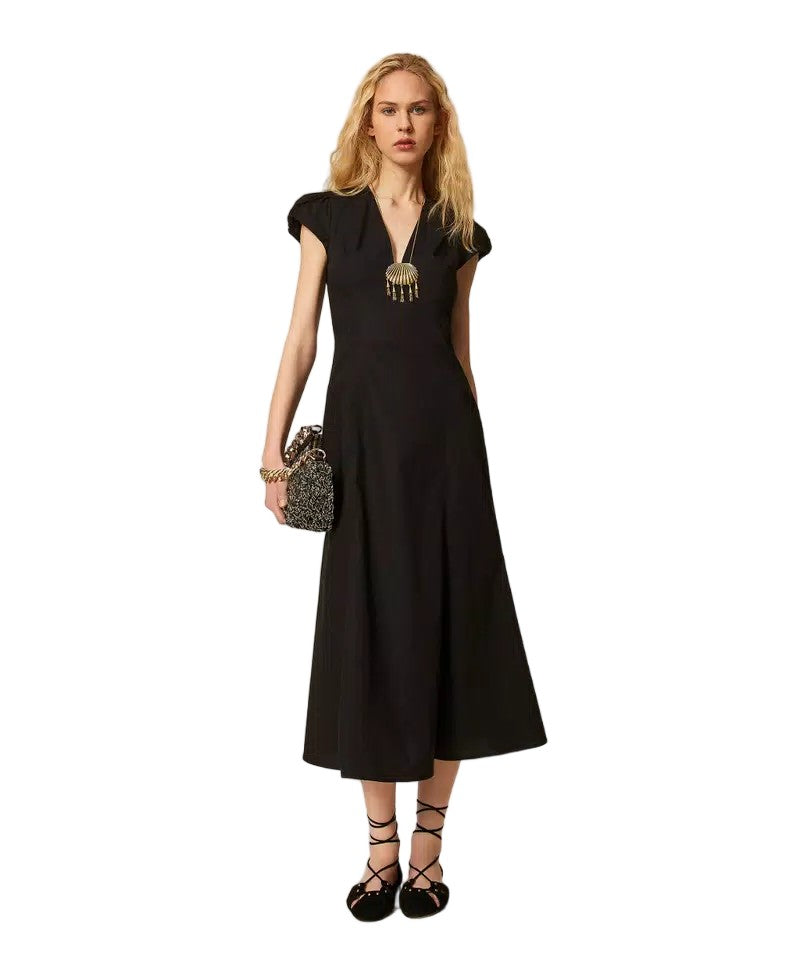 Twin-Set Black Stretch Cotton Poplin Fit And Flare Dress