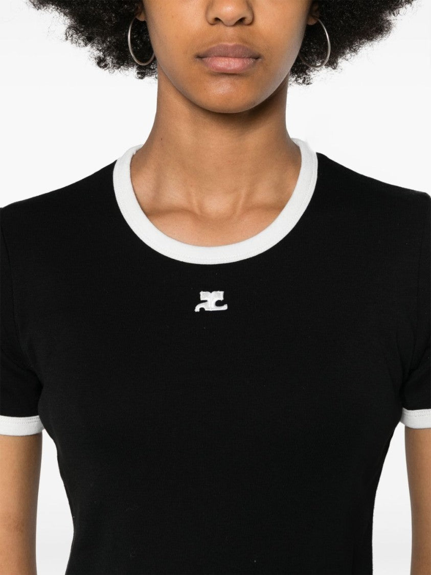 Courrèges Fitted Black T-Shirt With Contrasting Trim And Embroidered Logo