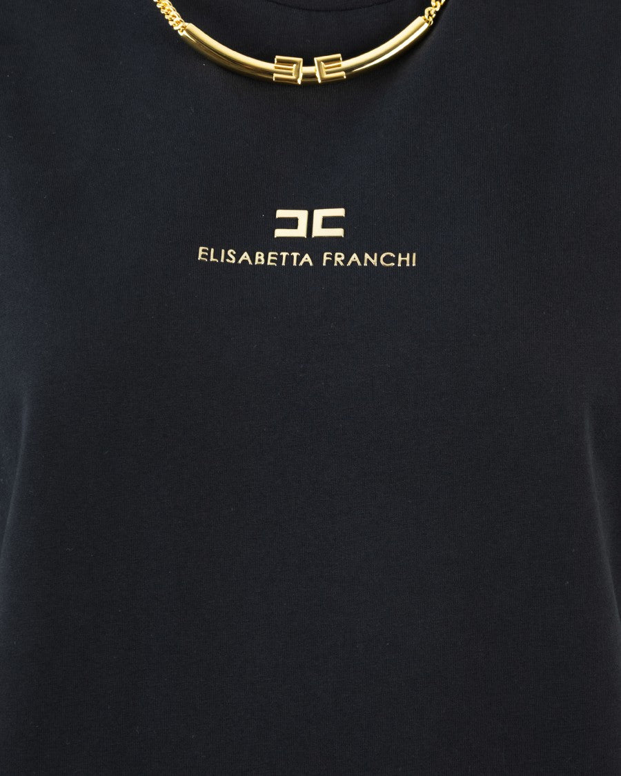 Elisabetta Franchi Black Cotton Jersey T-Shirt With Necklace Detail