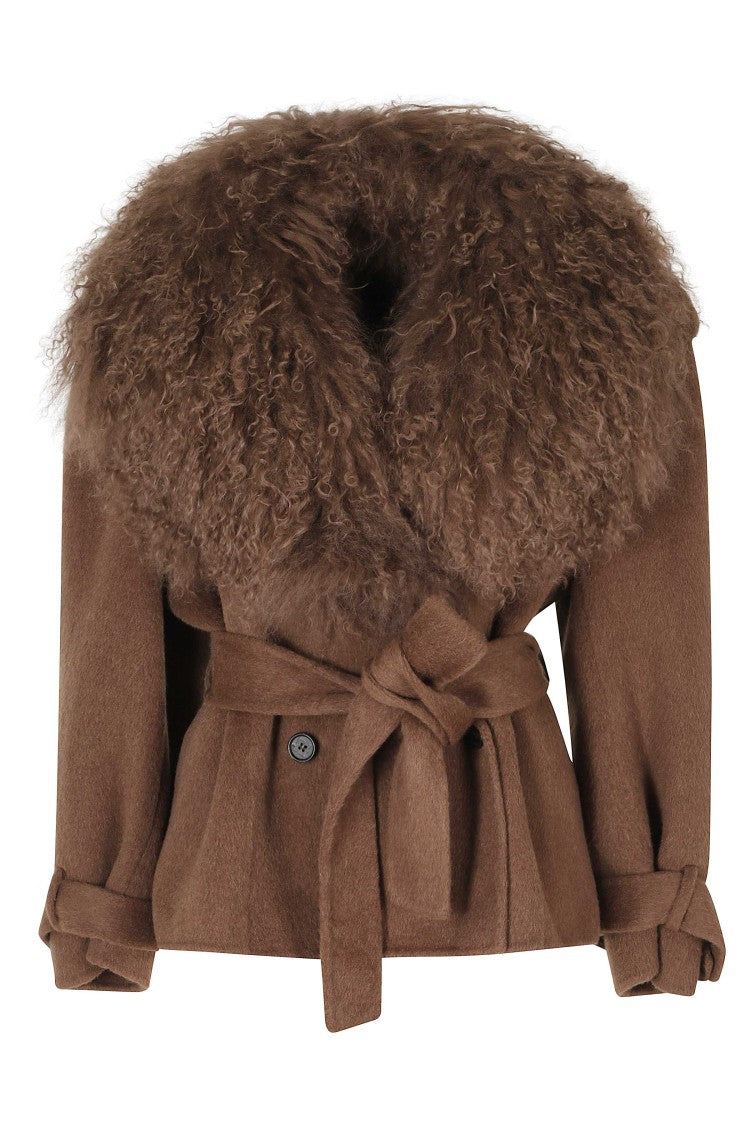 Giuseppe Di Morabito Brown Voluminous Fur Lapels Double-Breasted Trench Coat