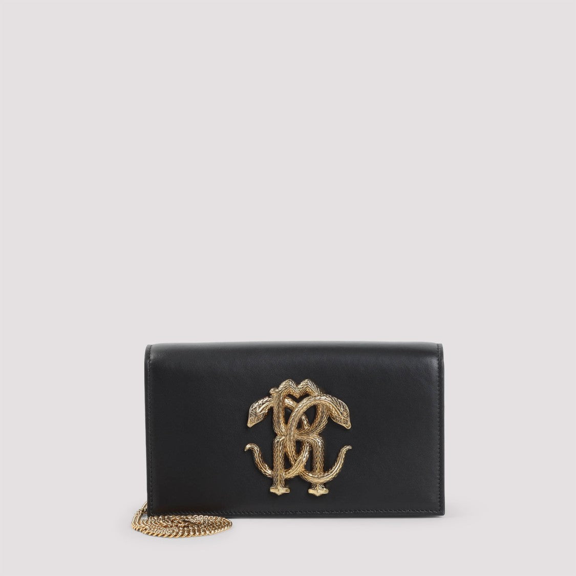 Roberto Cavalli Black Leather Shoulder Bag With Gold Emblem