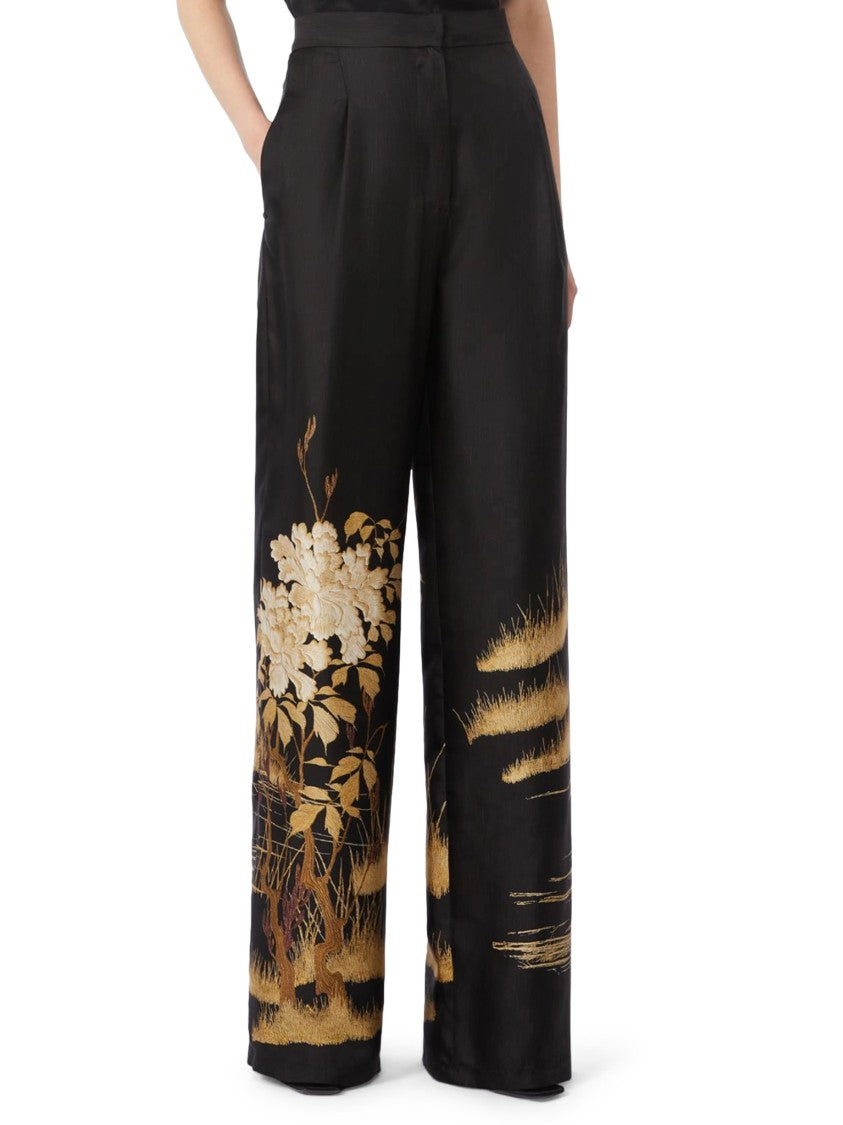 Max Mara Wide-Leg Trousers In Black Silk With Nature-Inspired Print