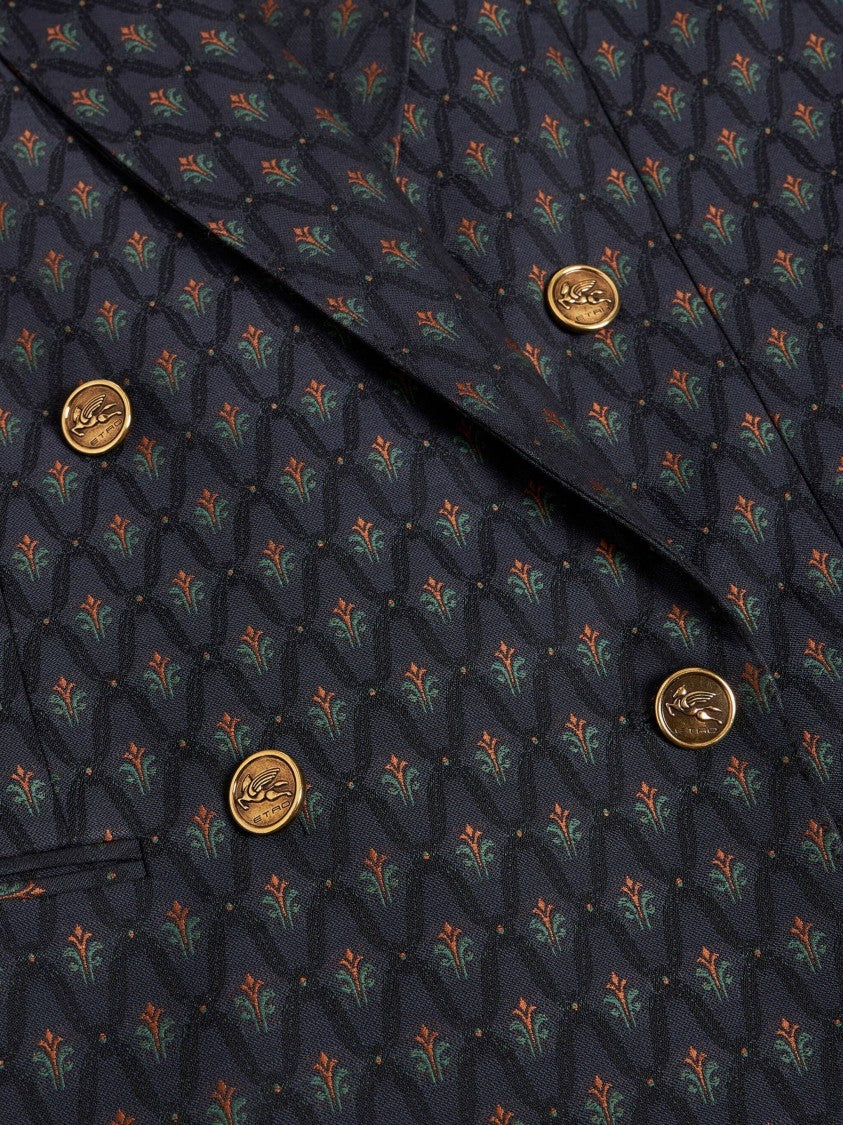 Etro Grey Double-Breasted Geometric Wool-Blend Blazer