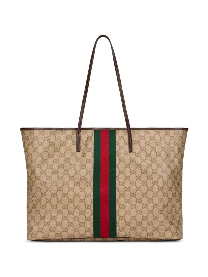 Gucci Beige Monogram Web Stripe Large Canvas Tote Bag