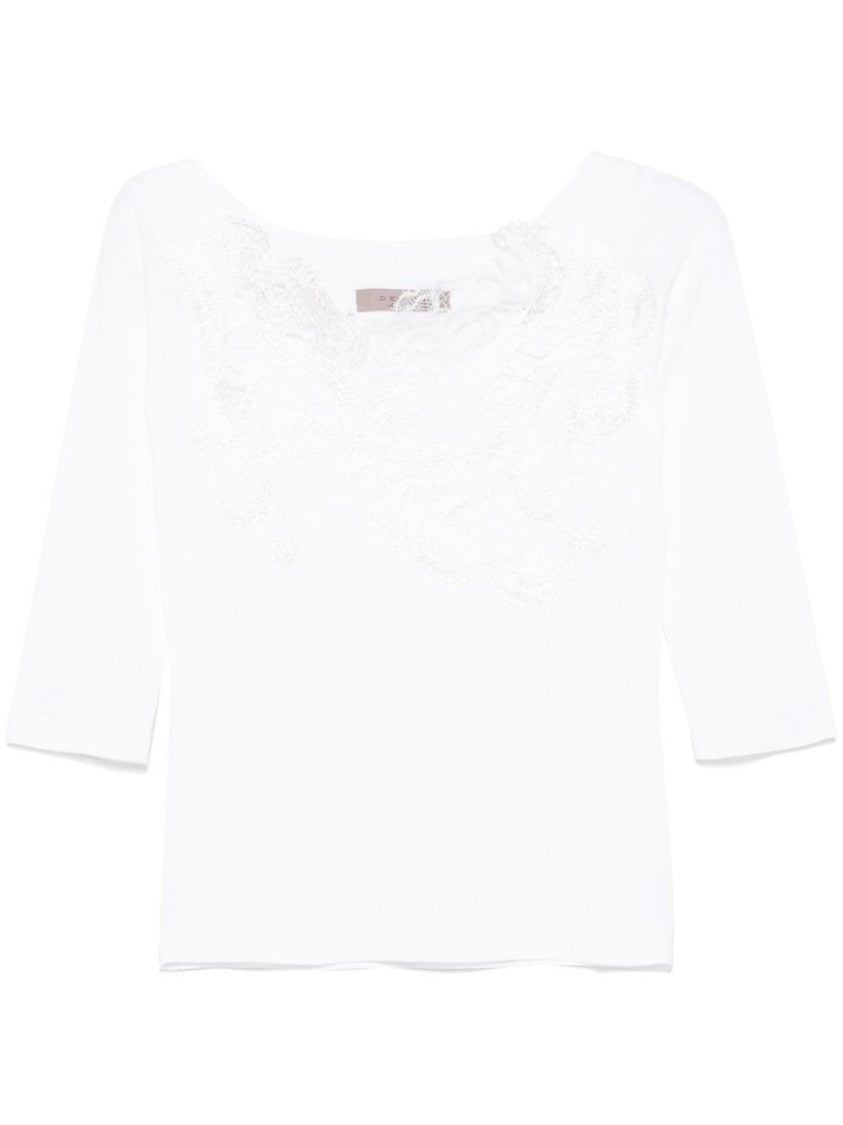 Dexterior Floral Embroidered White Top With Three-Quarter Sleeves