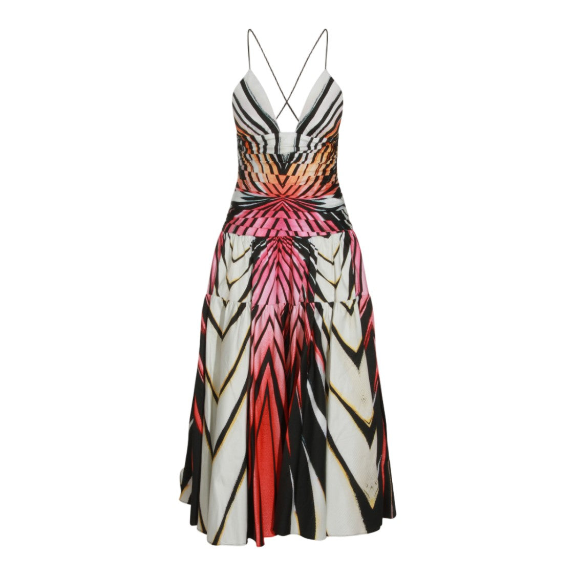 Roberto Cavalli Vibrant Midi Dress With Geometric Pattern And Flared Skirt