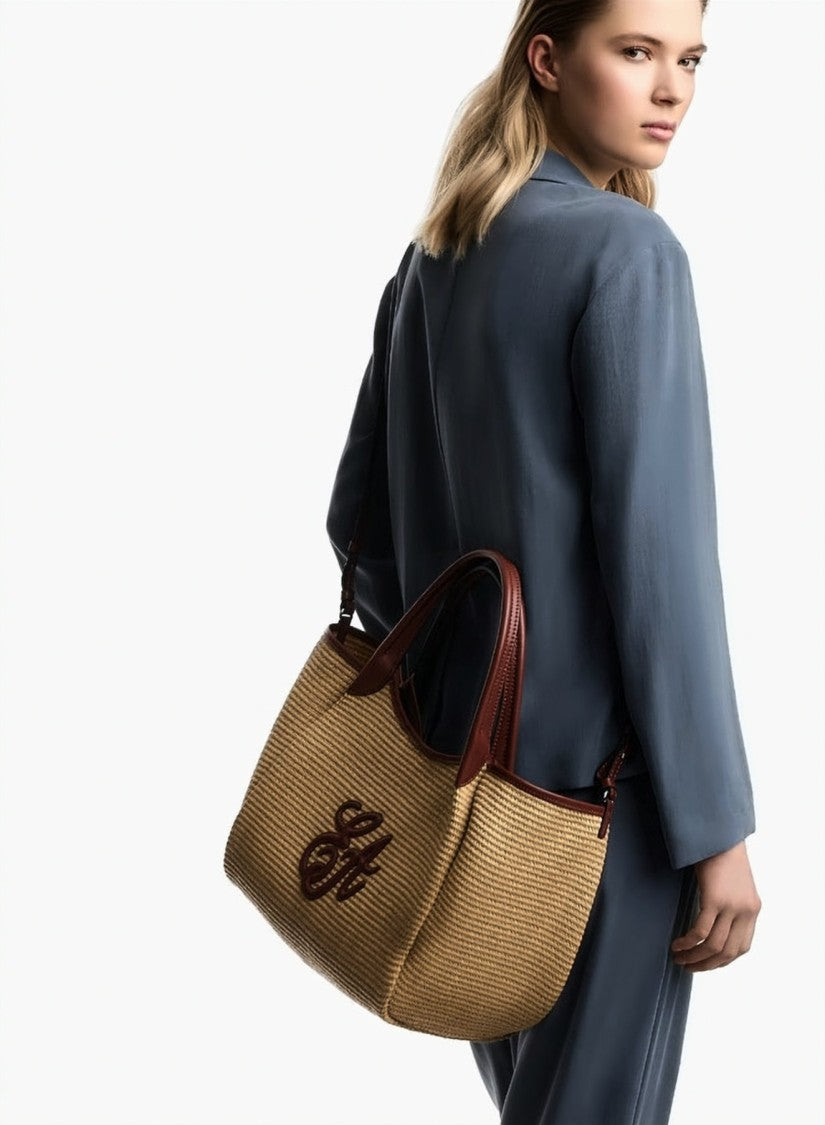 Emporio Armani Woven Straw Double Handle Shopper Bag