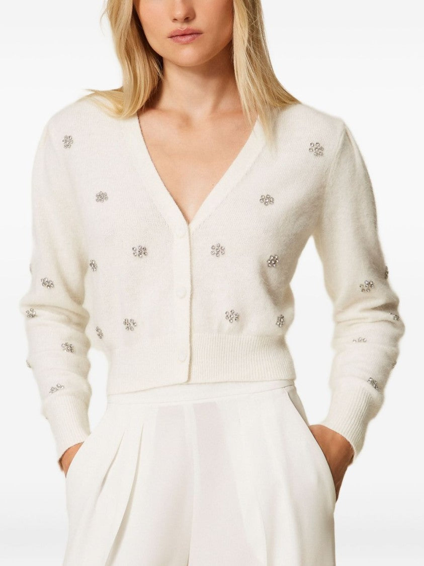 Twin-Set Cropped Cardigan With Fluffy Texture And Sparkling Embellishments