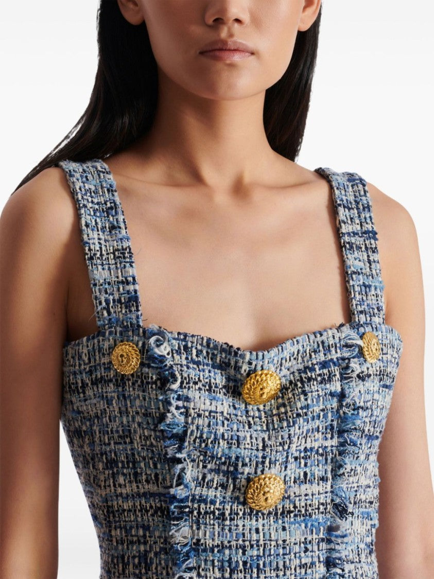 Balmain Blue Grey Tweed Button Detail Dress