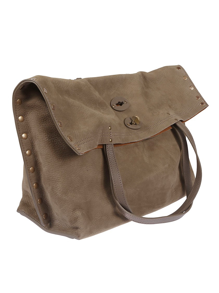 Zanellato Spacious Textured Leather Shoulder Bag With Decorative Studs