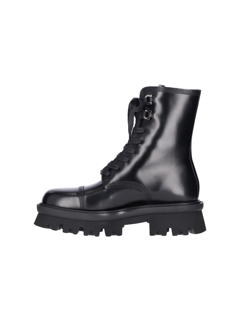 Ferragamo Glossy Black Leather Combat Boots