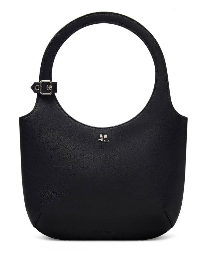 Courrèges Grained Black Calf Leather Shoulder Bag With Silver-Tone Accents