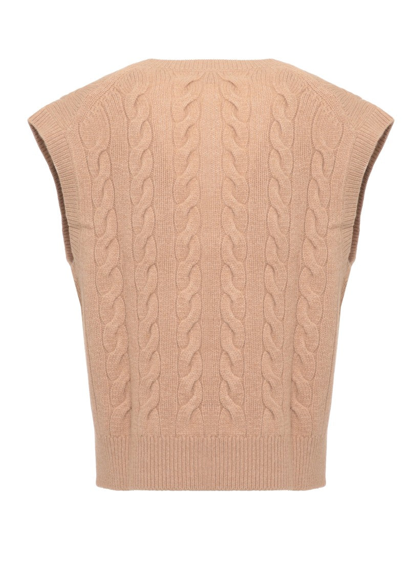 Polo Ralph Lauren Beige V-Neck Sleeveless Cable-Knit Wool Sweater