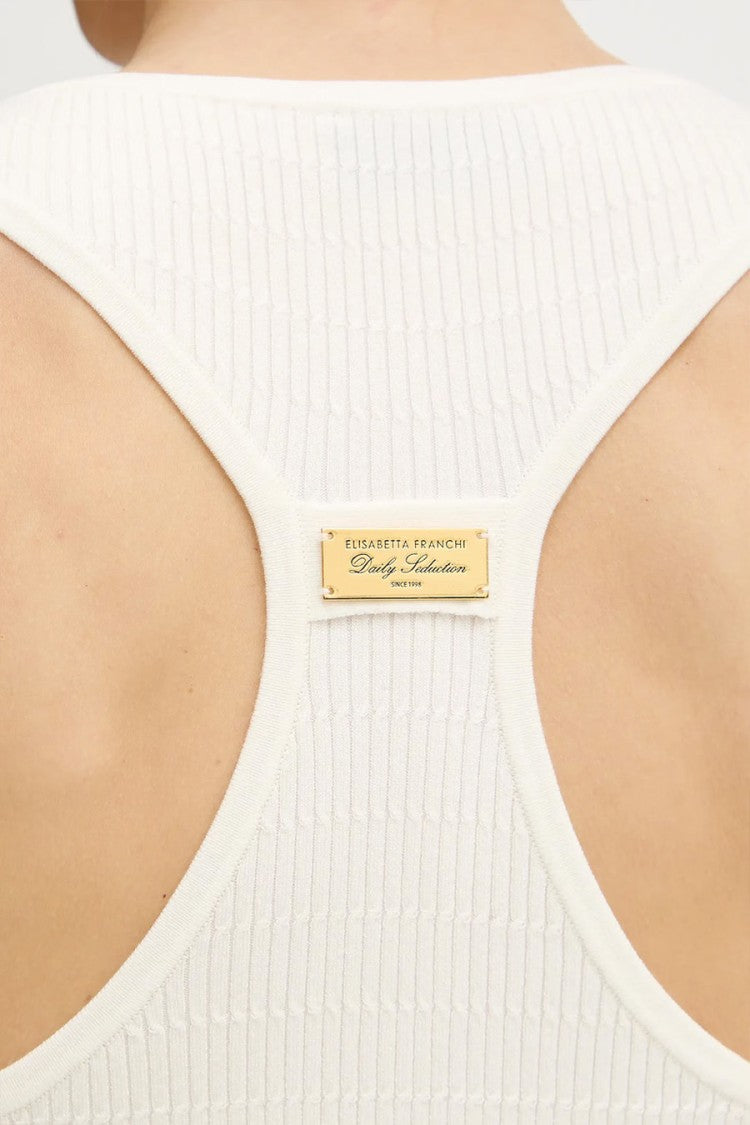 Elisabetta Franchi Ivory Button Placket Racerback Lyocell-Blend Tank Top