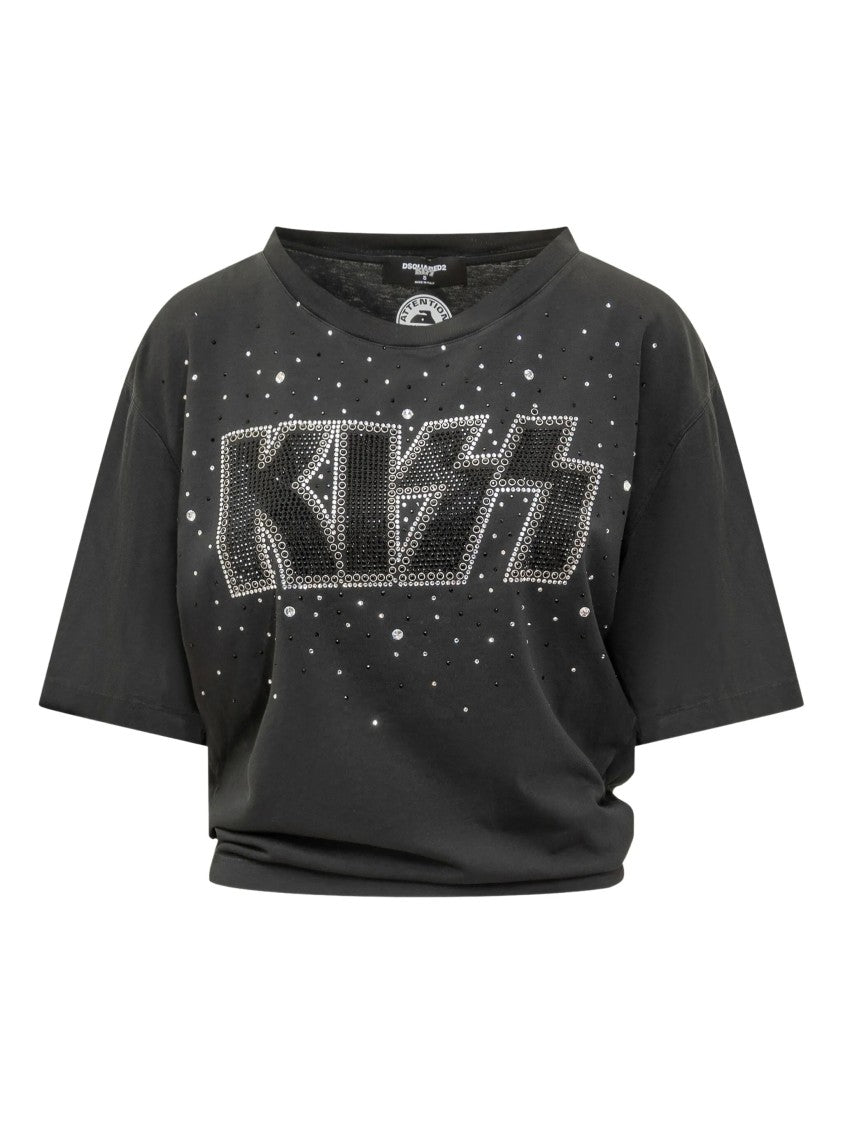 Dsquared2 Cropped Black Studded Kiss Graphic T-Shirt