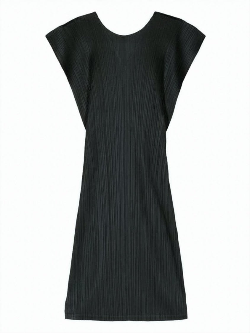 Pleats Please Pleated Black Midi Dress With V-Neckline