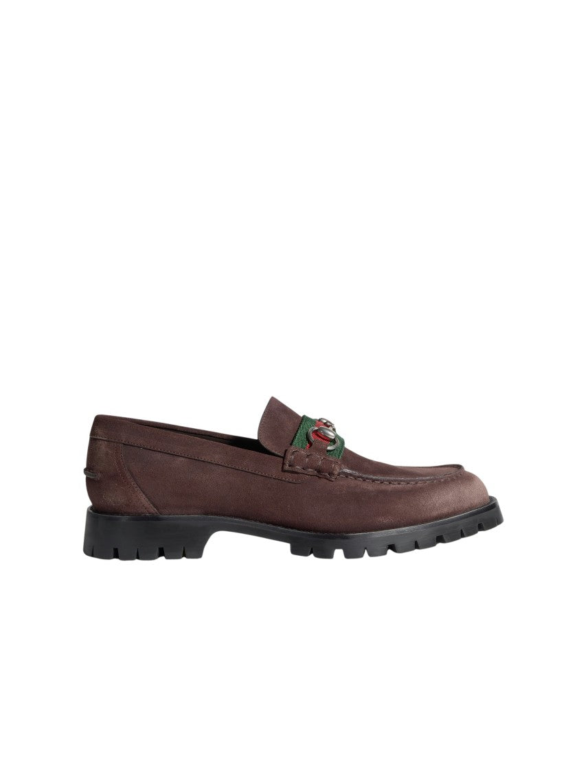Gucci Suede Loafers With Rubber Lug Sole And Horsebit Detail