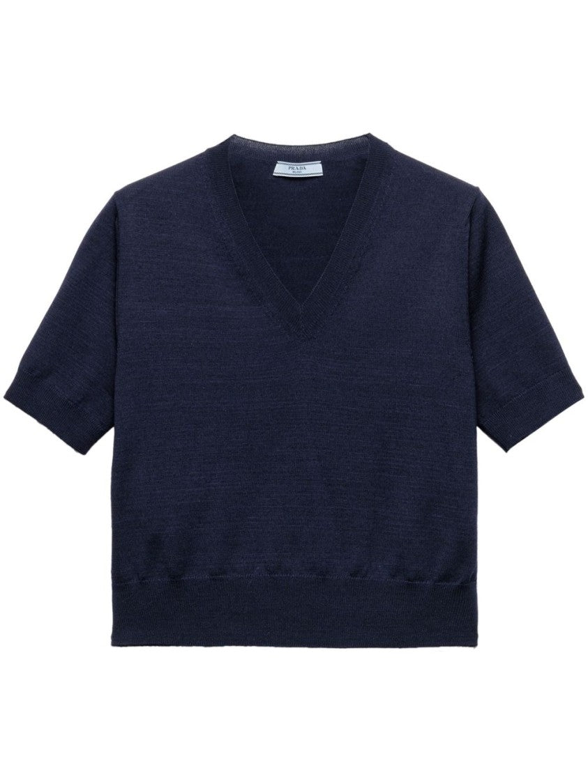 Prada Navy Blue Wool Top With V-Neck