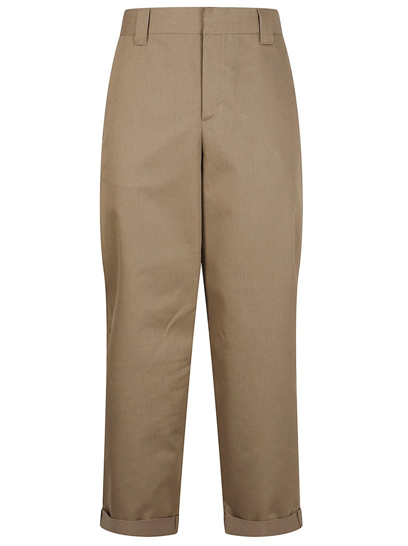 Golden Goose Cropped Camel Brown Cotton Trousers With Logo Patch
