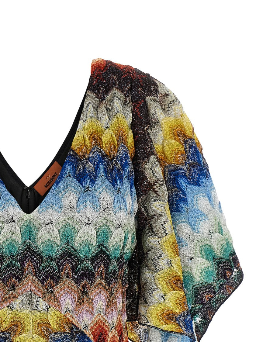 Missoni Vibrant Zigzag Pattern Mini Dress With V-Neck And Handkerchief Sleeves