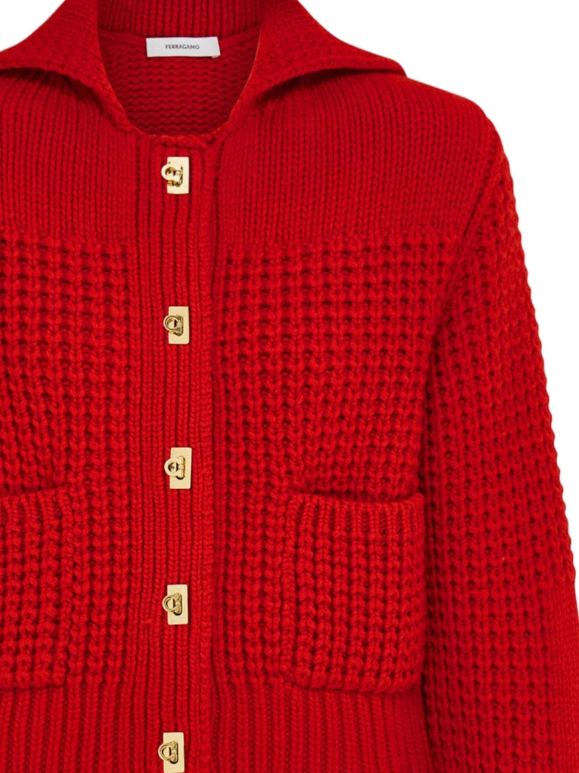 Salvatore Ferragamo Red Gold Button Wool-Blend Cardigan