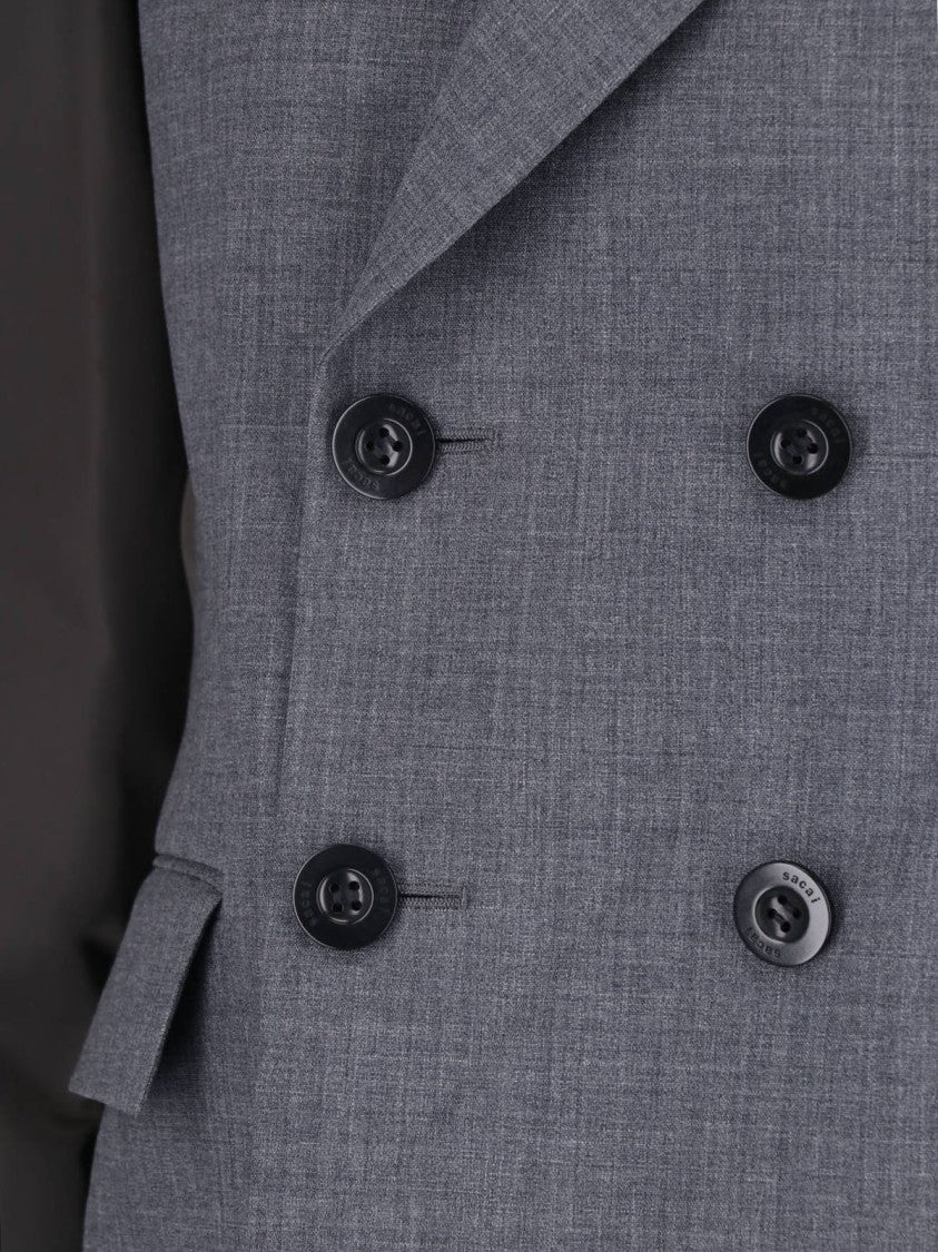 Sacai Double-Breasted Grey Nylon Twill Blazer With Zip Details
