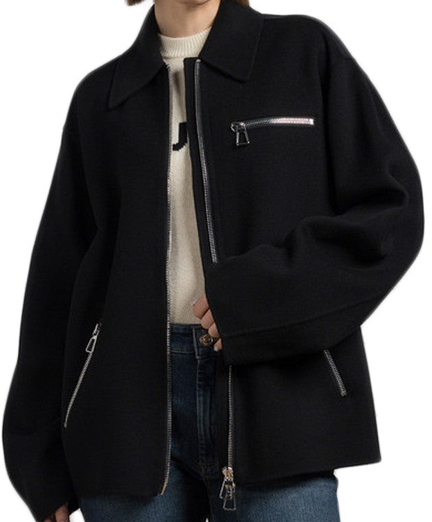 Max Mara Minimalist Black Wool Jacket With Zip Pockets