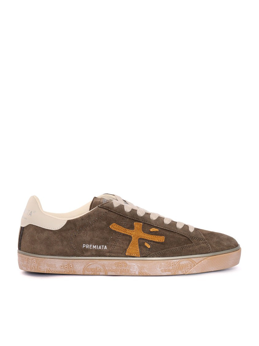 Premiata White Steven Olive Green Calf Leather Low-Top Sneakers