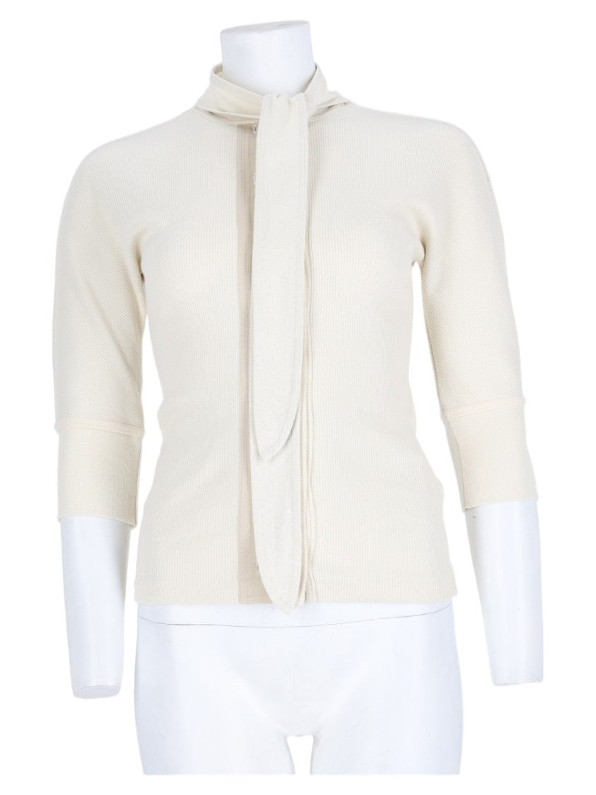 Lemaire White Scarf Detail Ribbed Cotton-Blend Long-Sleeve Top