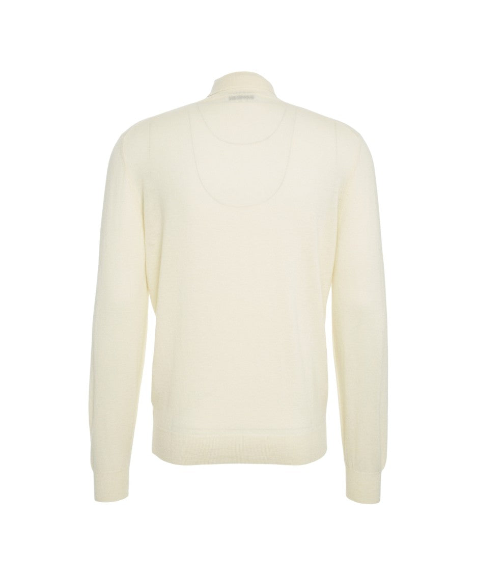 Gender Beige Knit Sweater With Mock Neck And Ribbed Detailing