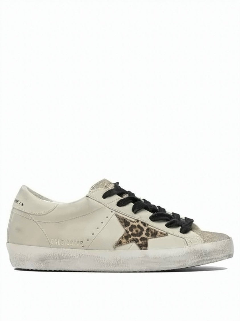 Golden Goose Distressed White Leather Sneakers With Leopard Print Star Detail