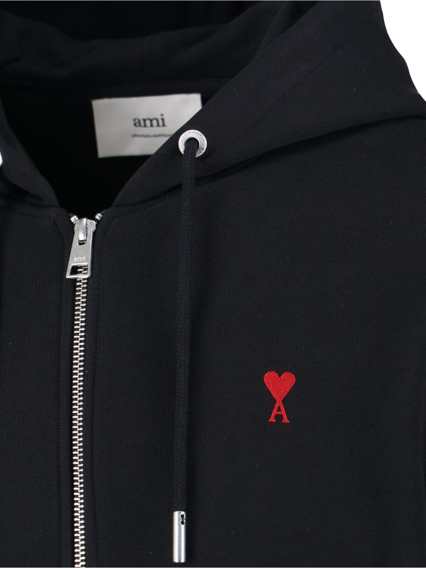 Ami Paris Full-Zip Hooded Sweatshirt With Embroidered Logo