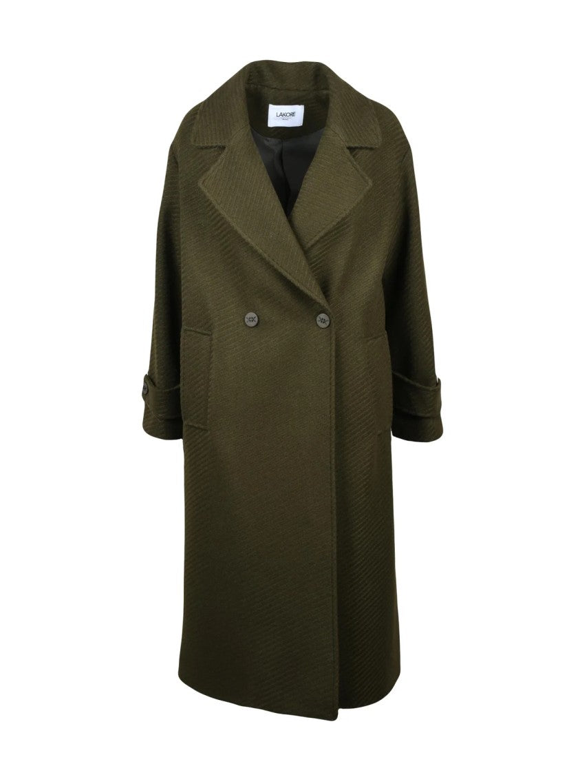 Lakore Green Double-Breasted Wool-Blend Long Coat