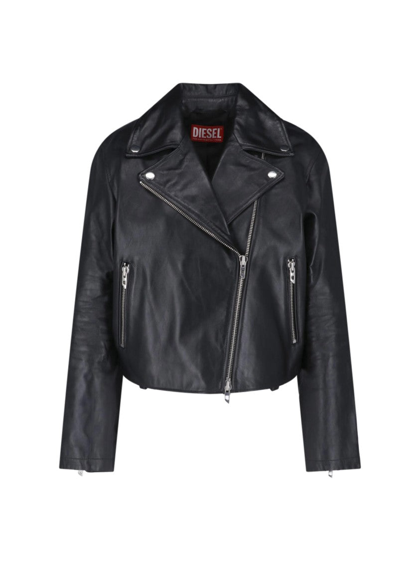 Diesel Cropped Black Leather Jacket With Asymmetrical Front