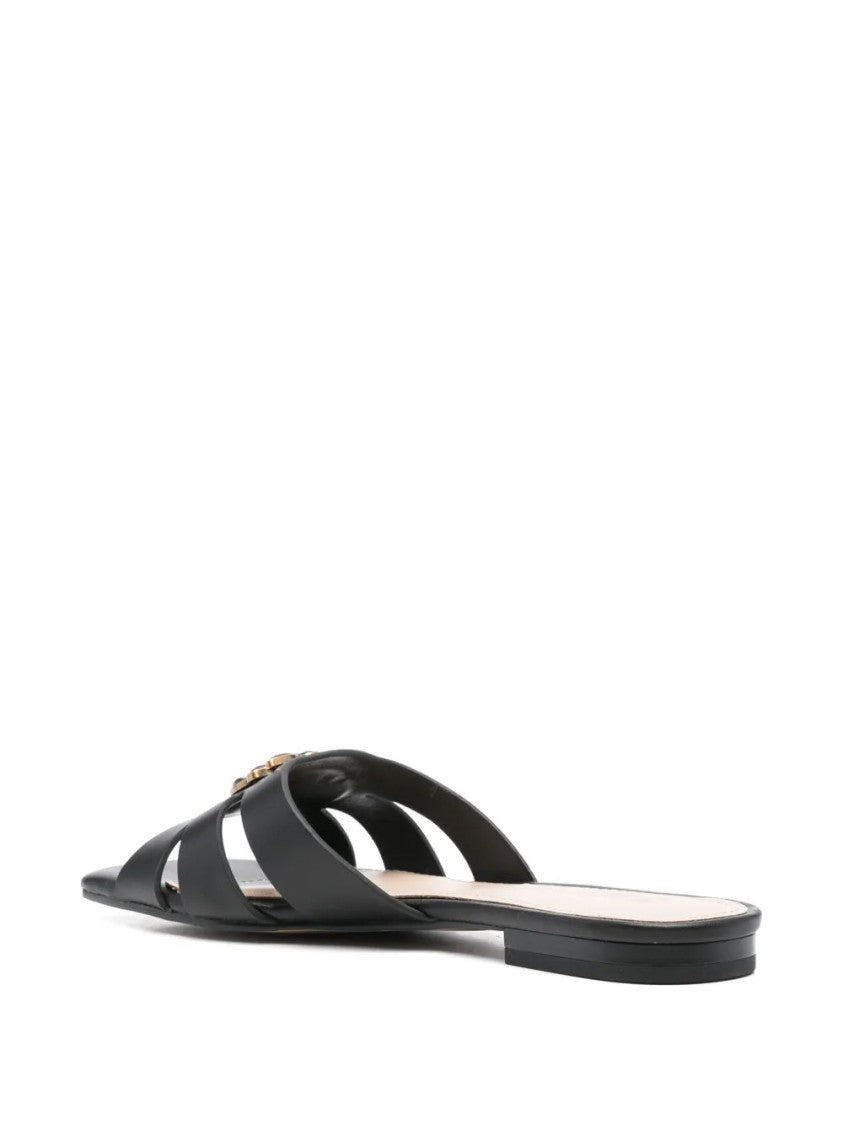 Pinko Marli 09 Cut-Out Metallic Emblem Cow Leather Mules