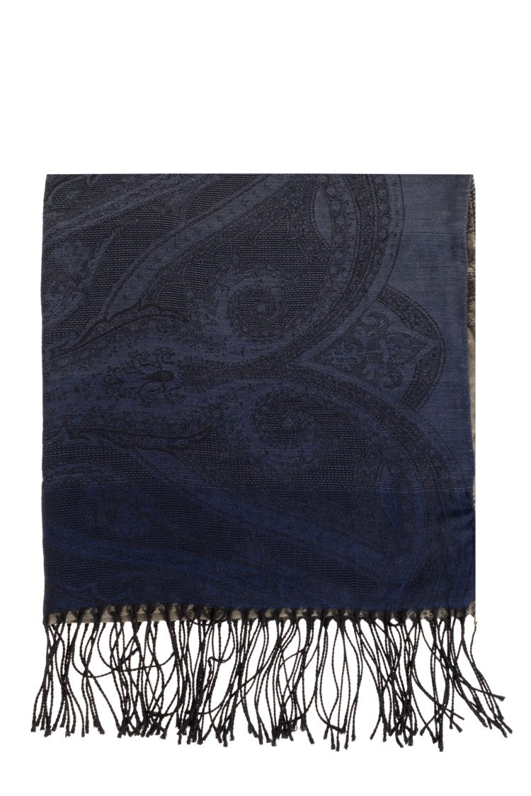 Etro Blue Bohemian Paisley Wool Silk Scarf