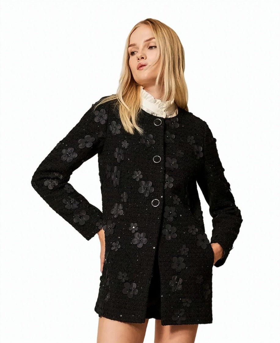 Twin-Set Bouclé Floral Appliqué Sequined Single-Breasted Coat