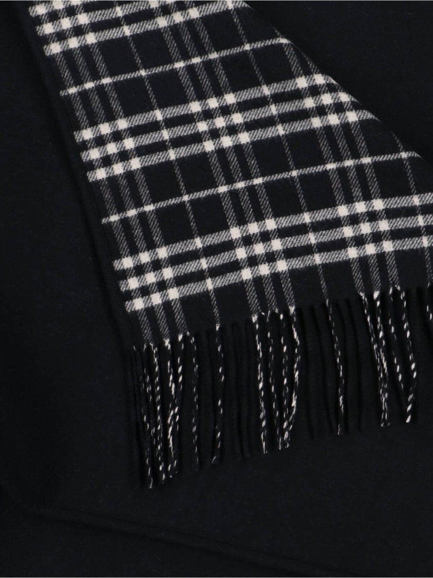 Burberry Black Reversible Check Wool Fringed Cape