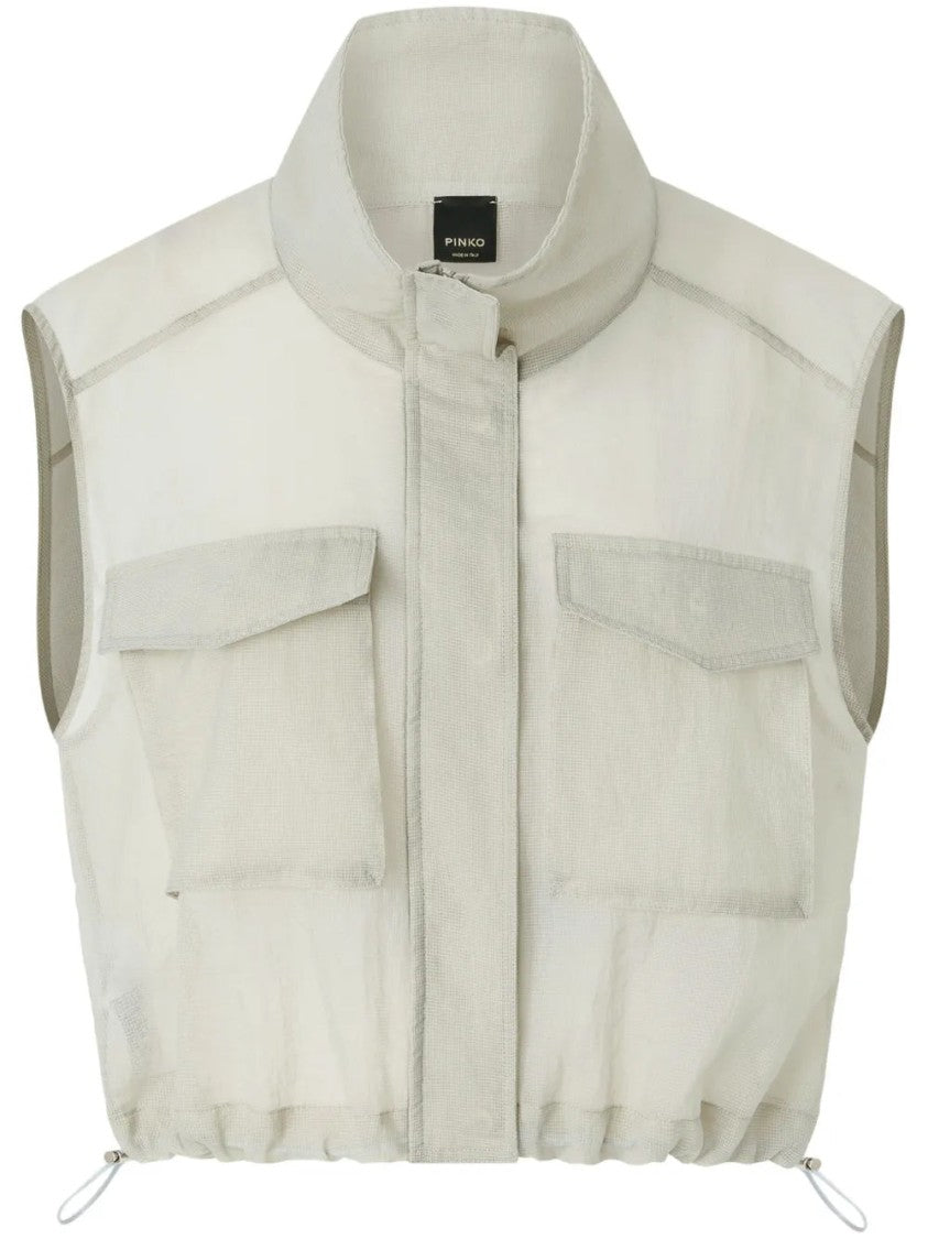 Pinko Cropped Grey Nylon Gilet With High Collar