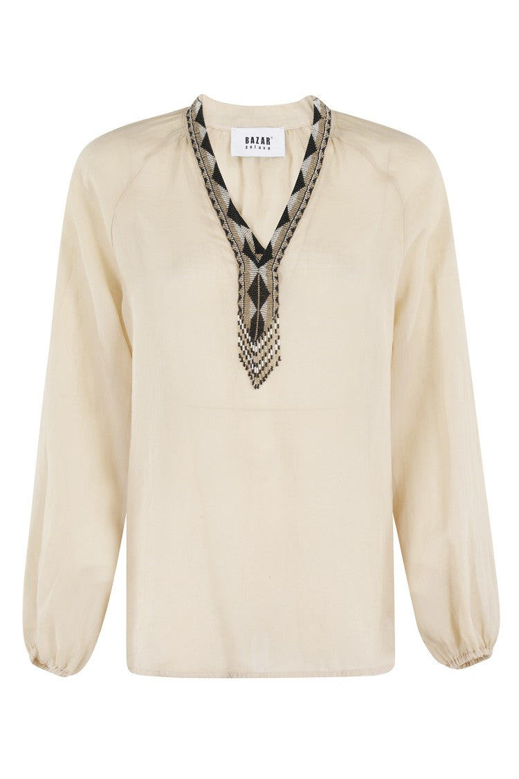 Bazar Deluxe V-Neck Blouse With Beaded Detailing And Oversized Fit