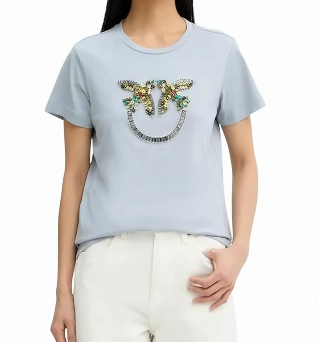 Pinko Light Blue Bird Motif Crewneck T-Shirt