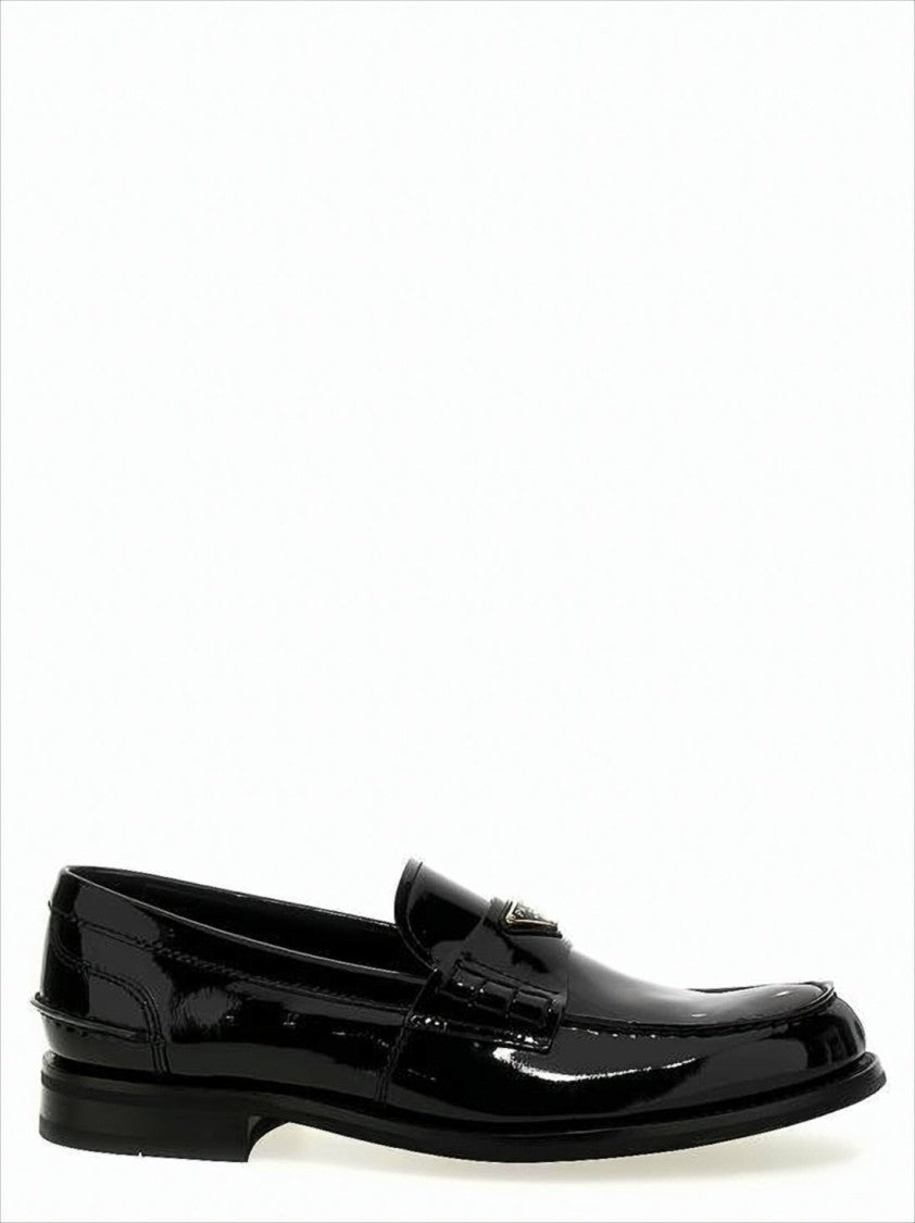 Prada Polished Calf Leather Loafers With Metallic Emblem