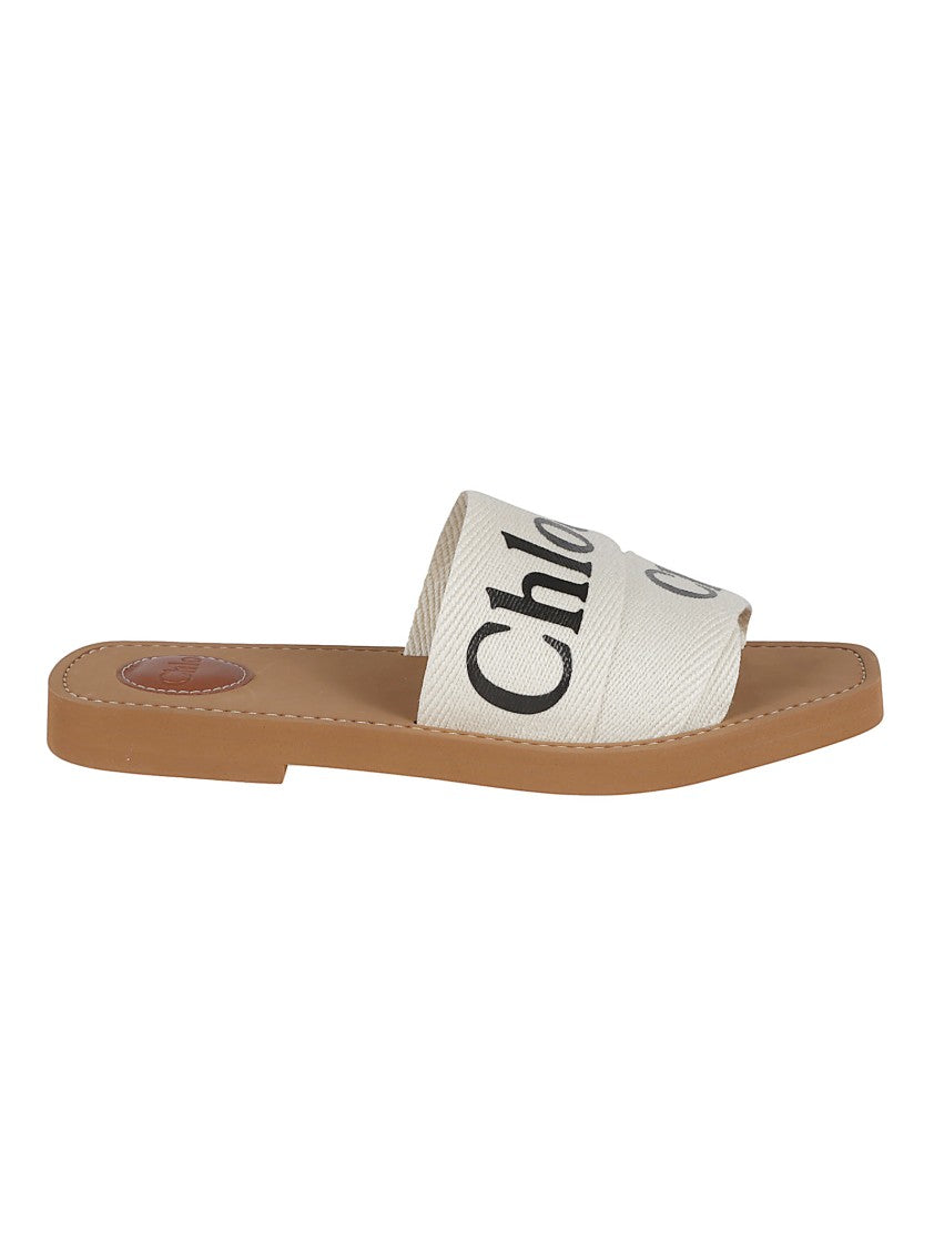Chloé Linen Strap Slip-On Sandals With Bold Logo Accents