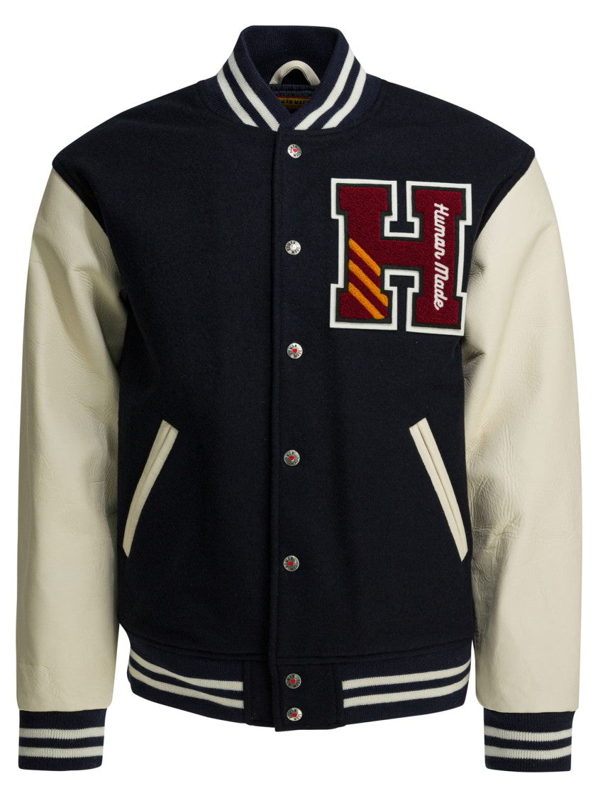 Human Made Varsity-Style Jacket With Contrast Leather Sleeves