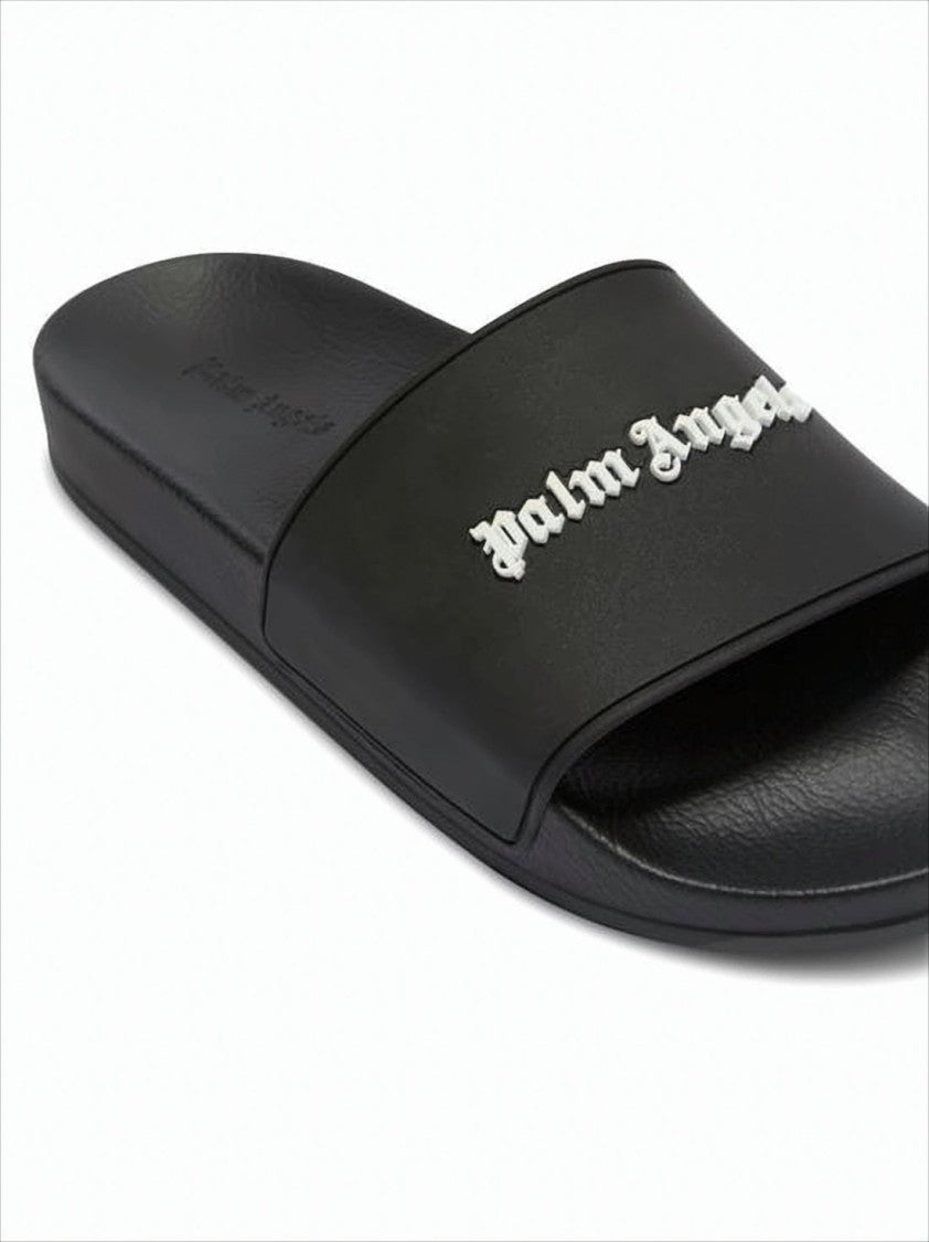 Palm Angels Contemporary Black Slide Sandals With Gothic Lettering