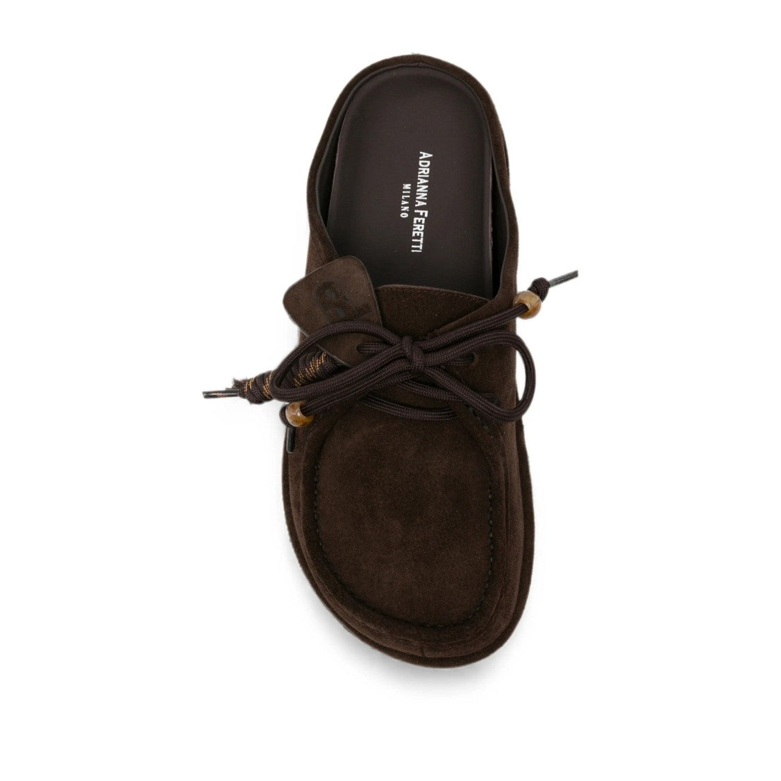Adrianna Feretti Brown Wedge Wooden Bead Accents Suede Mules