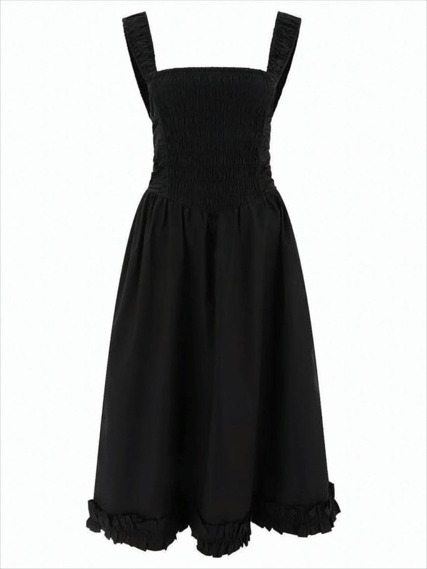 Ganni Fitted Midi Dress With Smocked Bodice And Ruffled Hemline