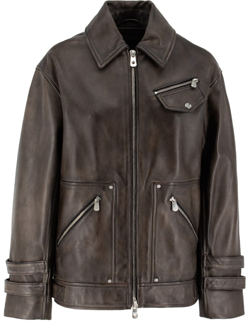 Pinko Oversized Black Leather Jacket With Vintage Finish