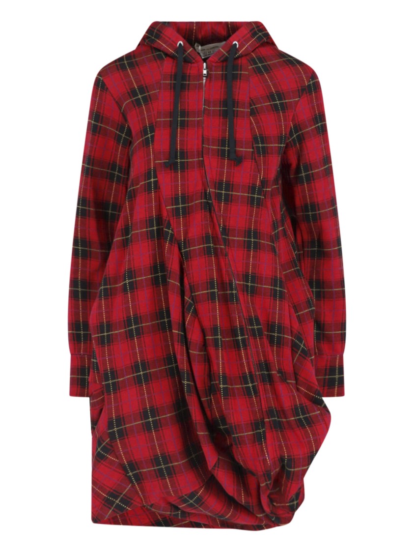 Comme Des Garçons Red/Black Plaid Draped Hooded Dress